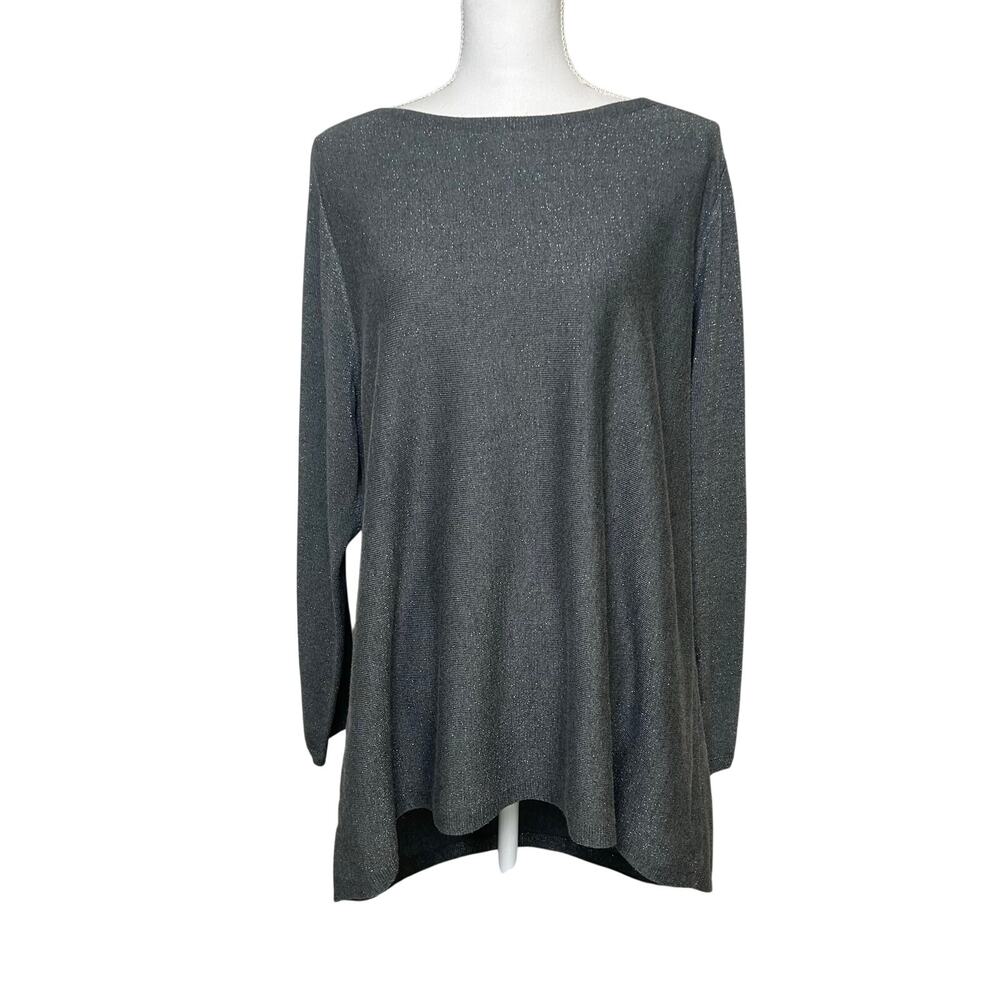 Eileen Fisher gray metallic boat neck long sleeve tunic top holiday sparkly XL